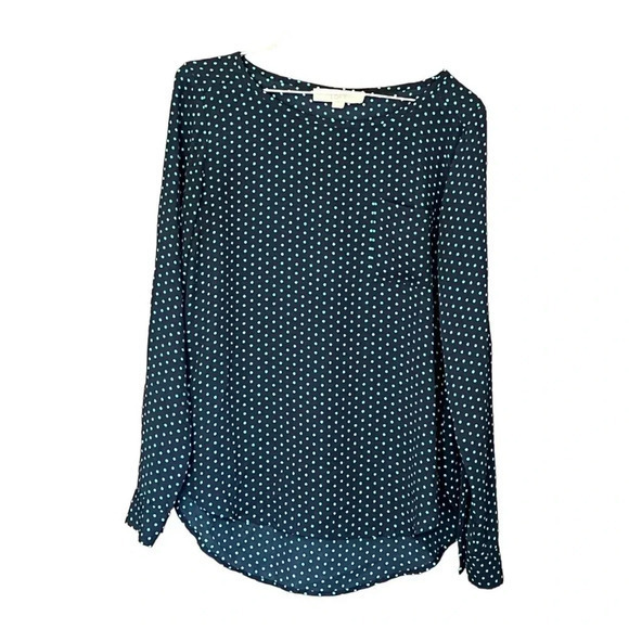 Ann Taylor Loft Long Sleeve‎ Blouse, Navy with Teal Polka Dots, Size XS - Picture 1 of 7
